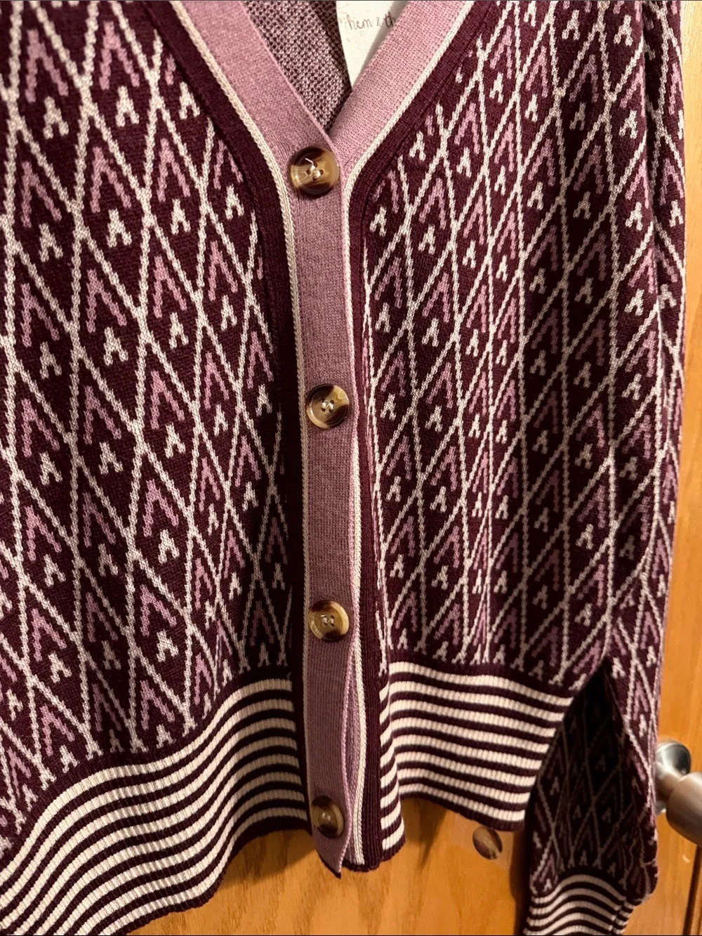 Hem & Thread Plum and Cream Diamond-Pattern Cardigan - Picture 3 of 6